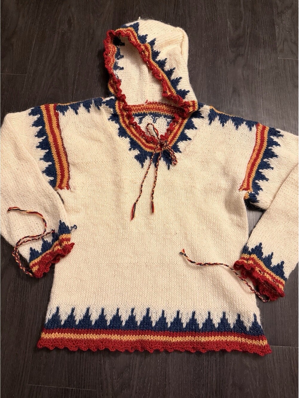 Rare Vtg 70s Hand Knit Ecuadorian Heavy Wool Hooded Tribal Sweater - M/L